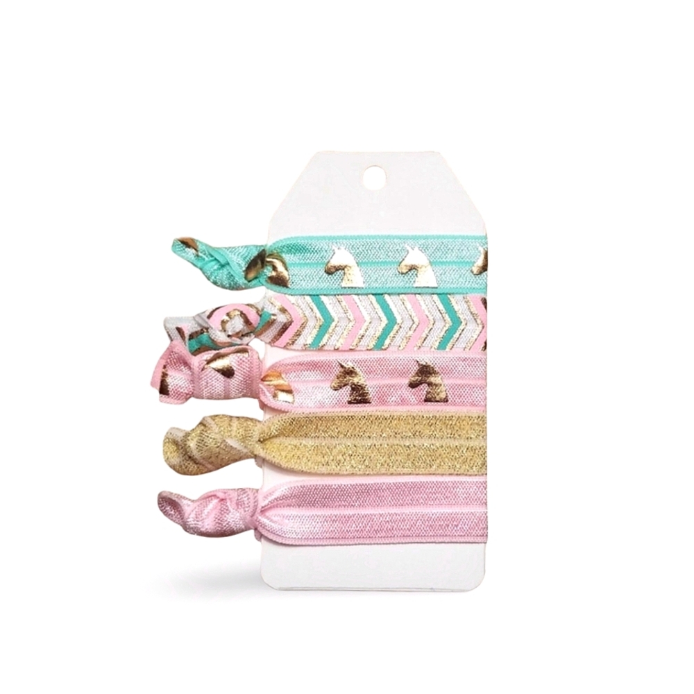 Pastel Unicorn Theme 5-Pack Handmade No Crease FOE Pastel Elastic Hair Ties